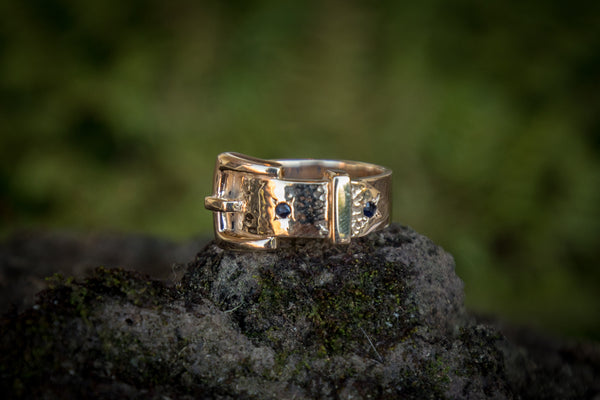 Buckle Ring - 9ct Gold - Thick - Two Sapphires