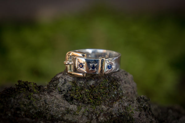 Buckle Ring - 2 Tone - Three Sapphires