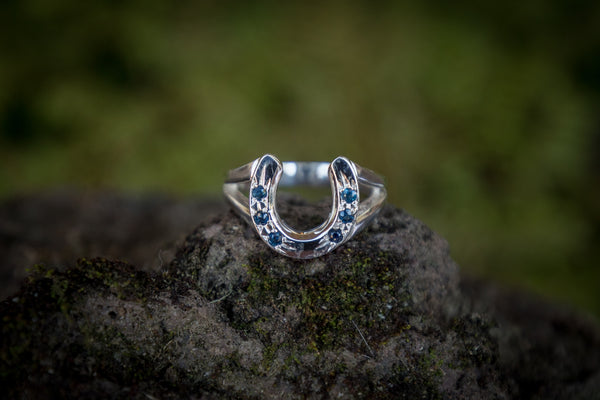 Horse Shoe Ring - Sterling Silver - Split Shank - Sapphires