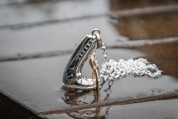 Riding Boot Pendant - Sterling Silver - 9ct Gold Stirrup - Sapphires