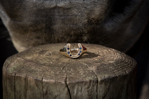 Horse Shoe Ring - 9ct Gold - Solid Shank - Sapphires