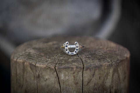 Horse Shoe Ring - Sterling Silver - Solid Shank - Sapphires